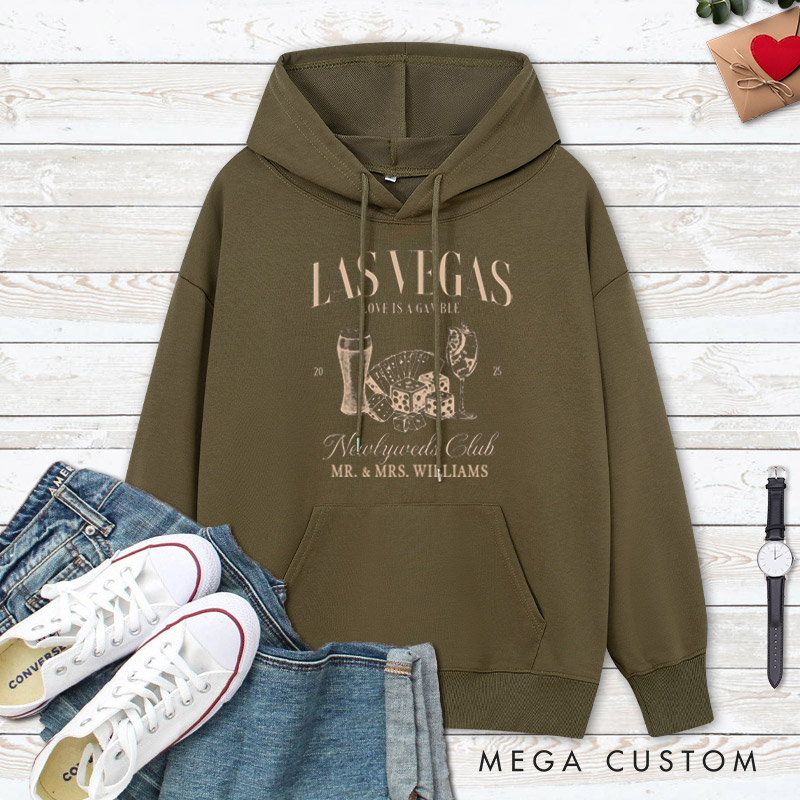 Personalized Playful Las Vegas Newlyweds Club Love Is A Gamble Wedding Couple Hoodie