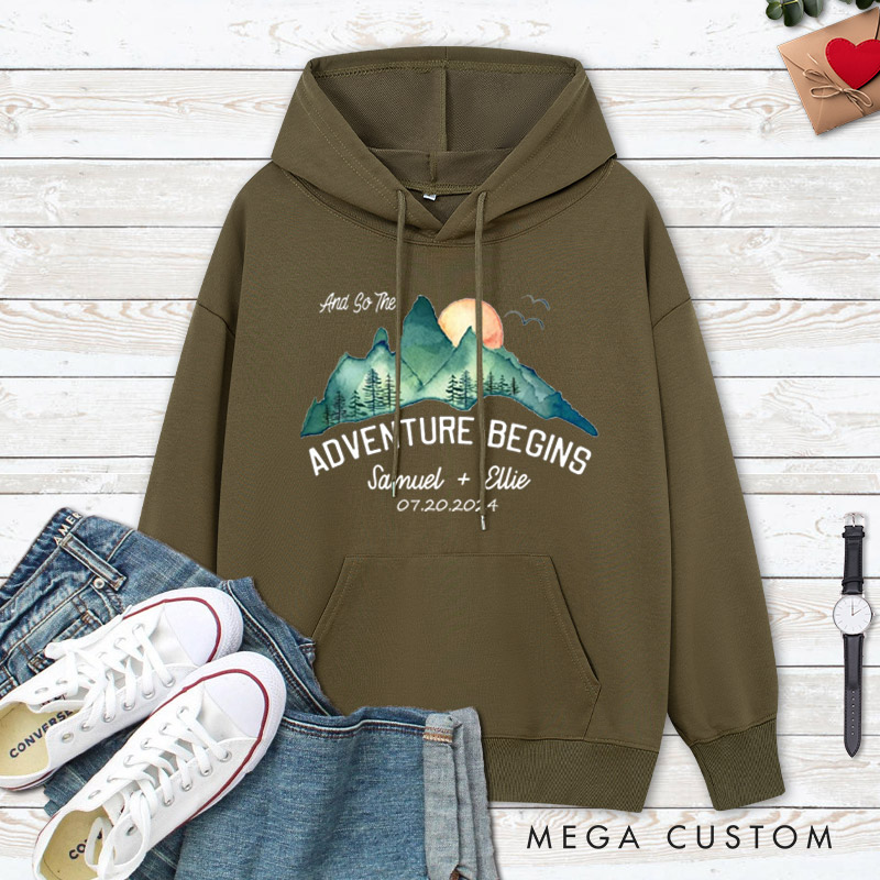 Personalized Scenic And So The Adventure Begins Newlyweds Wedding Couple Hoodie