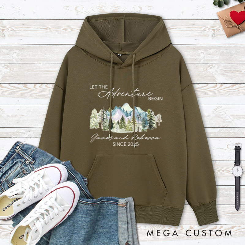Personalized Mountain Scenic Let the Adventure Begin Newlyweds Wedding Couple Hoodie