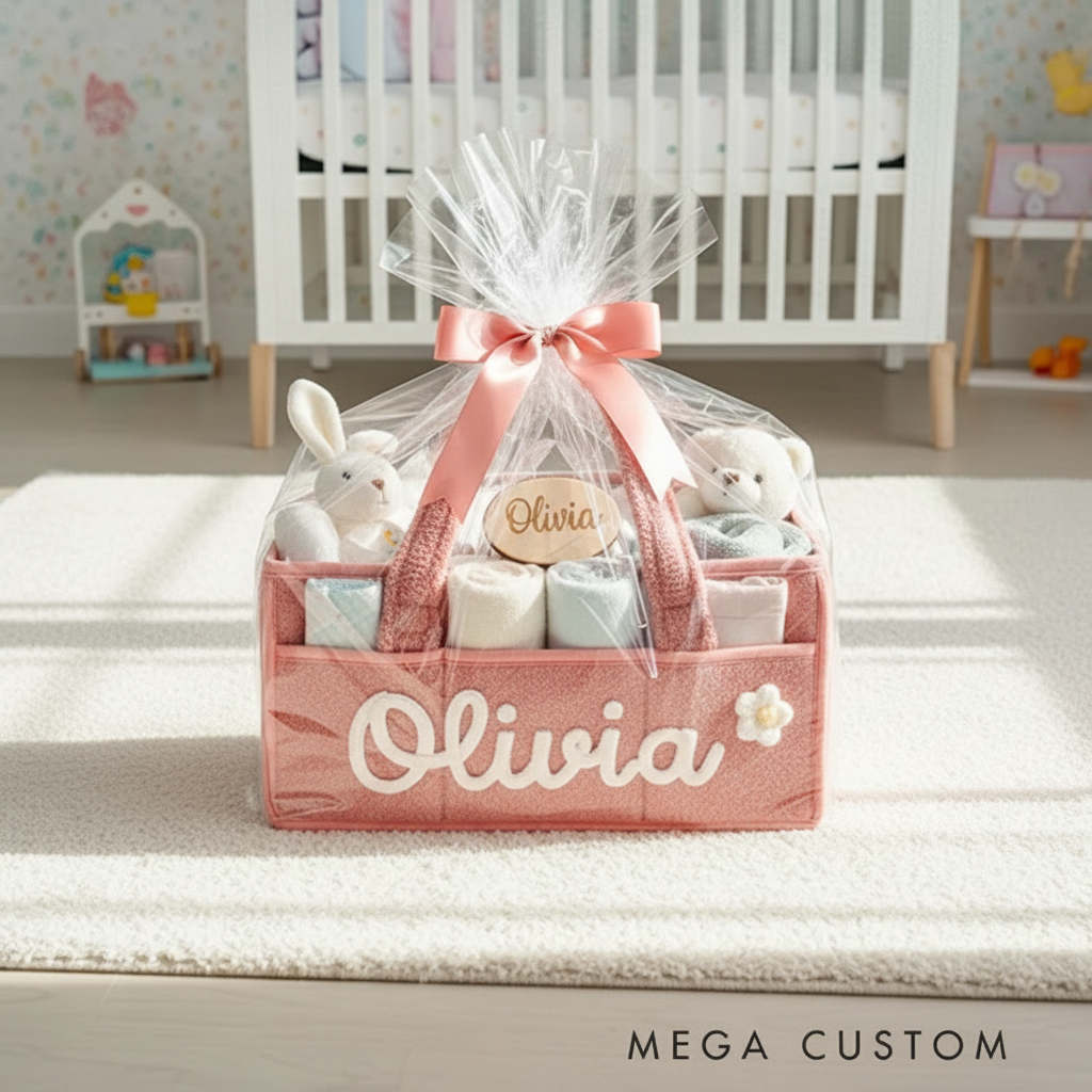 Personalized Plush Baby Storage Basket Soft Bin Side Pockets Custom Nursery Organizer with Bear