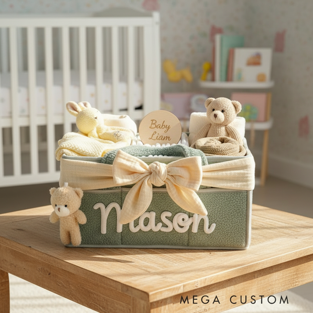 Personalized Plush Baby Storage Basket Soft Bin Side Pockets Custom Nursery Organizer with Bear