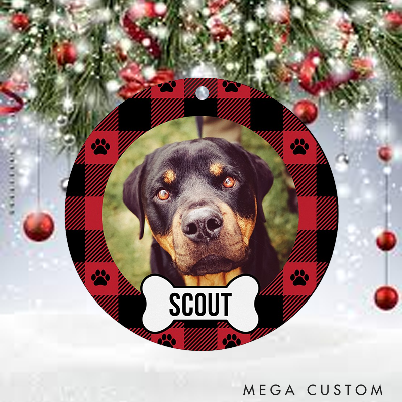 Personalized Dog Lover Plaid Paw Print Photo Christmas Ornament