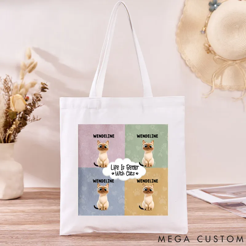 Personalized Cat Lover Life is Better with Cats Canvas Tote Bag