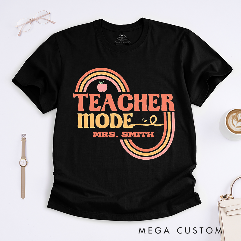 Personalized T-Shirts Teacher Mode Retro Rainbow Shirt Stylish and Fun Gift for Teachers