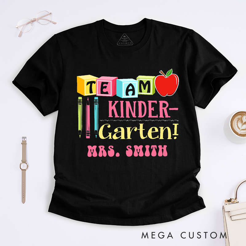 Personalized Teacher T-Shirts Team Kindergarten Colorful Blocks Apple and Pencil Shirt Gift for Teachers