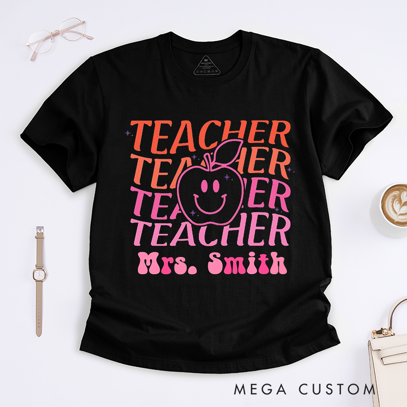 Personalized T-Shirts Smiley Apple Retro Teacher Shirt Gift for Teachers