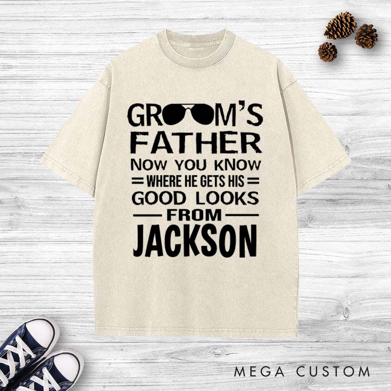 Personalized Father of the Groom Washed T-Shirt Good Looks Humor Shirt Vintage Groom Dad Bachelor Party Shirts Retro FOB Washed Tees