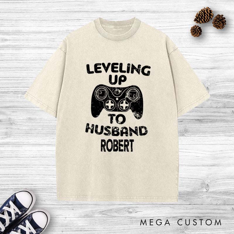 Personalized Gamer-Themed Washed T-Shirt Vintage Leveling Up to Husband Tee for Men Groom Bachelor Party Favors Washed T-Shirt