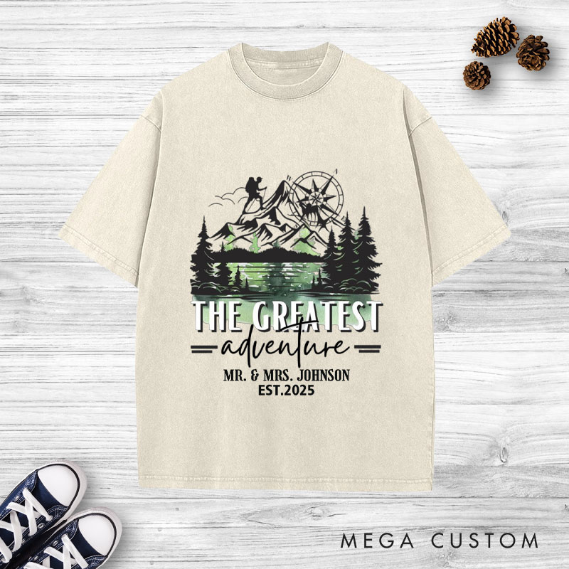 Personalized The Greatest Adventure Mr and Mrs Wedding Couple Washed T-Shirt