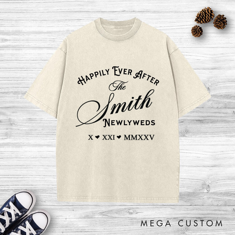 Personalized Newlyweds Happily Ever After Wedding Couple Washed T-Shirt