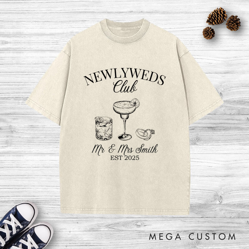 Personalized Rustic Newlyweds Club with Cocktails Mr and Mrs Wedding Couple Washed T-Shirt