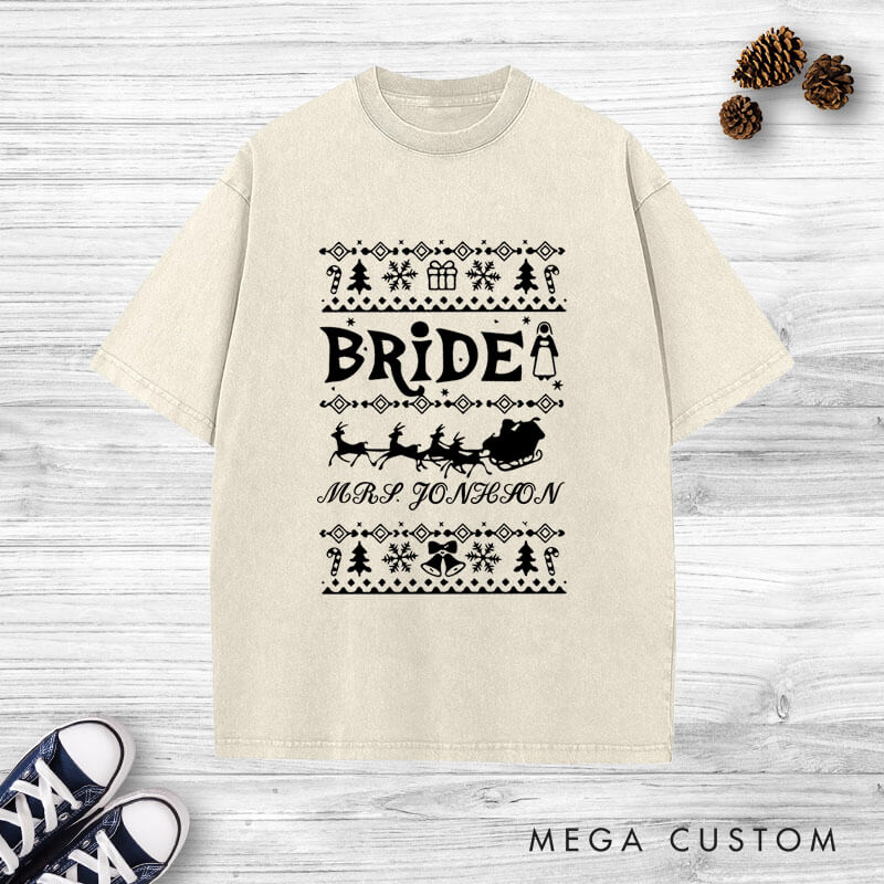 Personalized Christmas Bride and Groom with Reindeer and Sleighs Matching Wedding Couple Washed T-Shirt