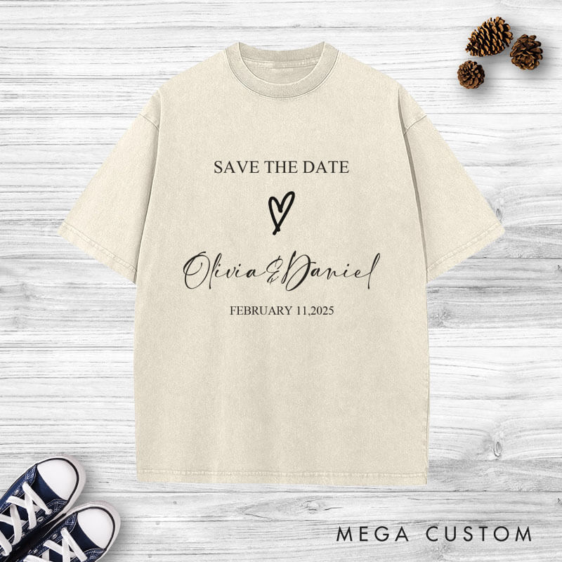 Personalized Save The Date with Your Names and Heart Wedding Couple Washed T-Shirt