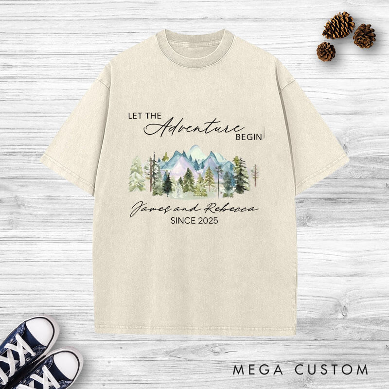 Personalized Mountain Scenic Let the Adventure Begin Newlyweds Wedding Couple Washed T-Shirt