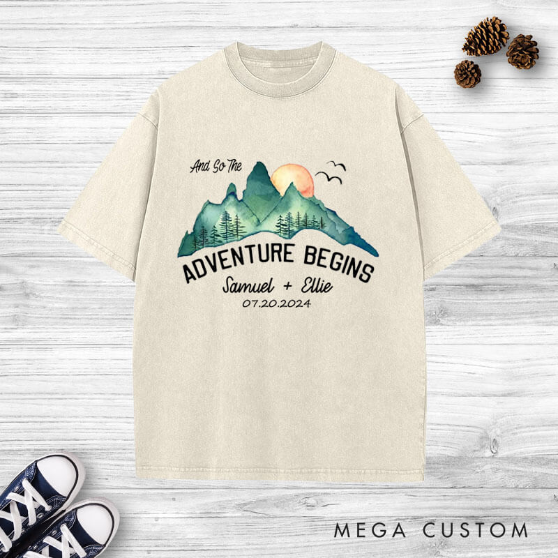 Personalized Scenic And So The Adventure Begins Newlyweds Wedding Couple Washed T-Shirt