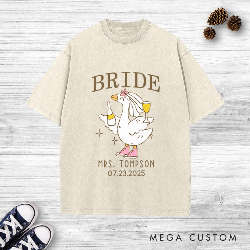 Personalized Lively Bride and Groom Silly Goose with Champagne Matching Wedding Couple Washed T-Shirt