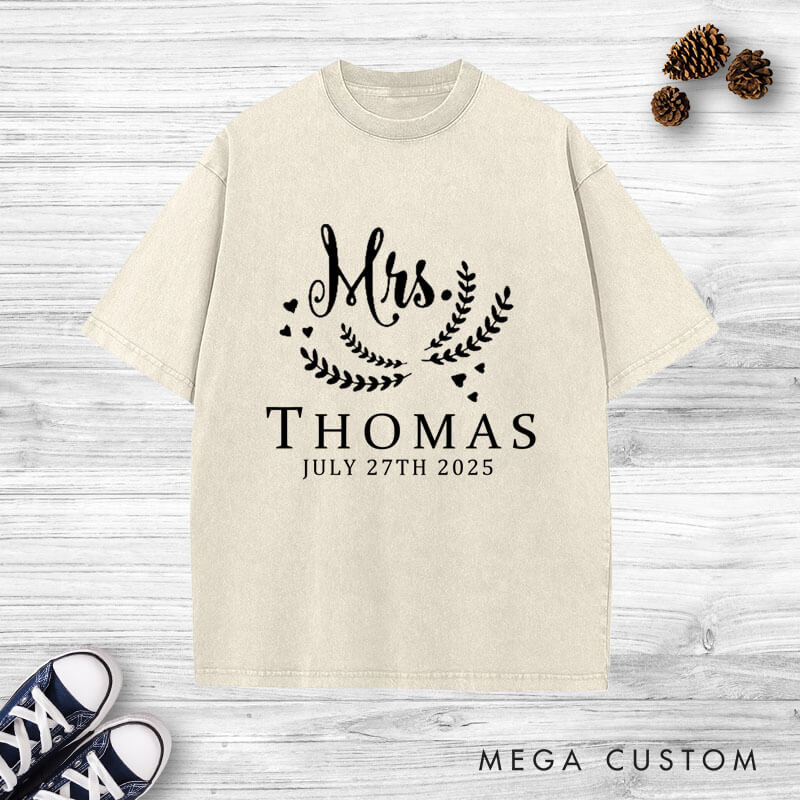 Personalized Graceful Mr and Mrs with Oliver Branches Matching Wedding Couple Washed T-Shirt