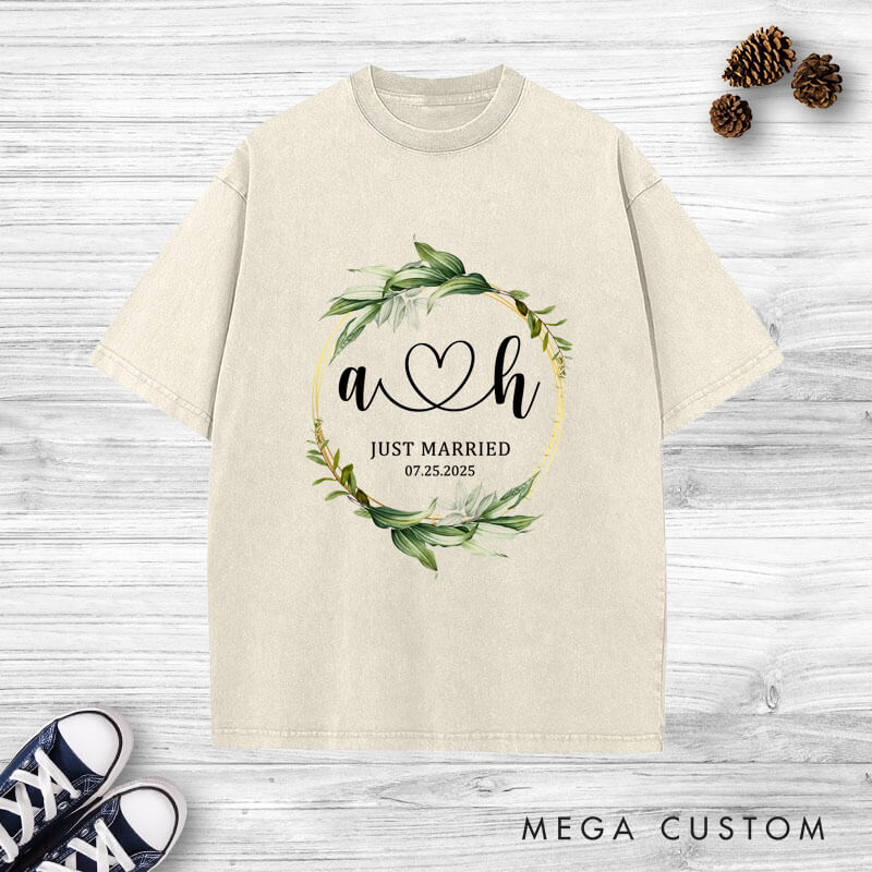 Personalized Romantic Botanical Just Married with Initials Wedding Couple Washed T-Shirt