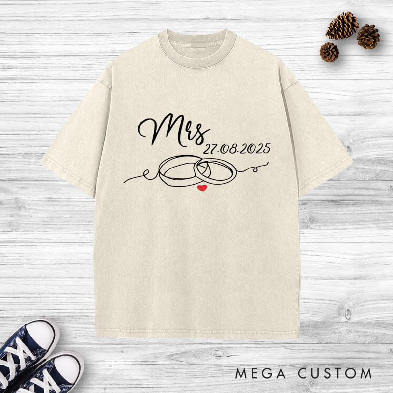 Personalized Elegant Mr and Mrs with Wedding Rings Matching Wedding Couple Washed T-Shirt