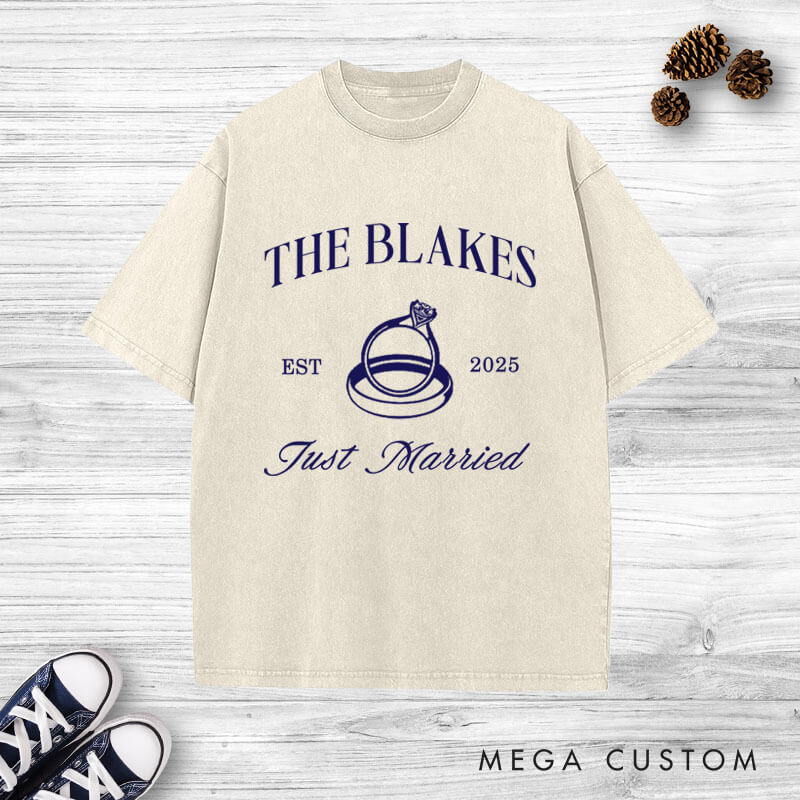 Personalized Elegant Just Married Wedding Rings Newlyweds Wedding Couple Washed T-Shirt