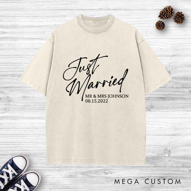 Personalized Modern Just Married Newlyweds Wedding Couple Washed T-Shirt