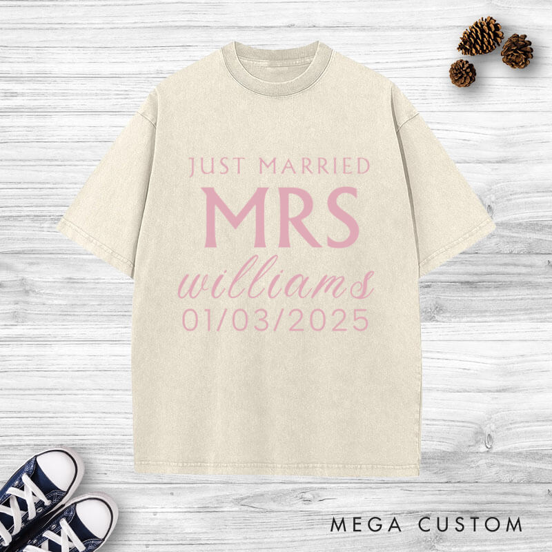 Personalized Minimalist Just Married Mr and Mrs Wedding Couple Washed T-Shirt