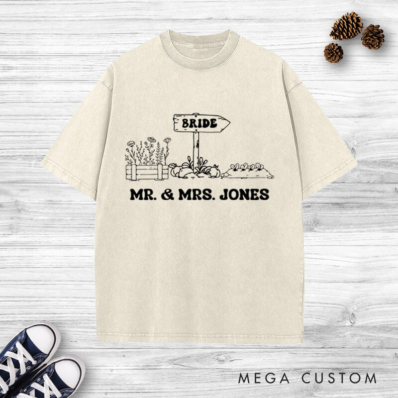 Personalized Rustic Bride anad Groom Countryside Matching Wedding Couple Washed T-Shirt