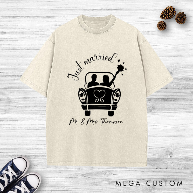 Personalized Romantic Just Married with Wedding Car Wedding Couple Washed T-Shirt