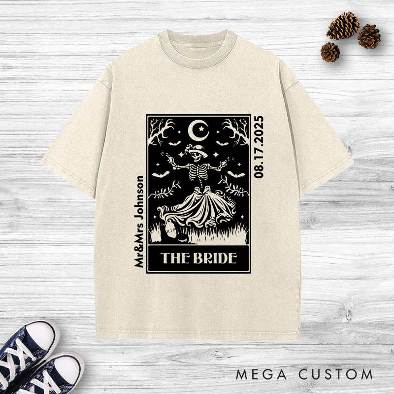 Personalized Whimsical Tarot Card Skeleton Bride and Groom Wedding Couple Washed T-Shirt