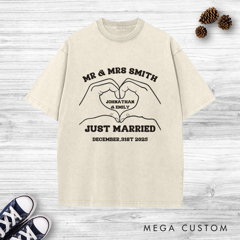 Personalized Heartfelt Gesture Just Married Mr and Mrs Wedding Couple Washed T-Shirt