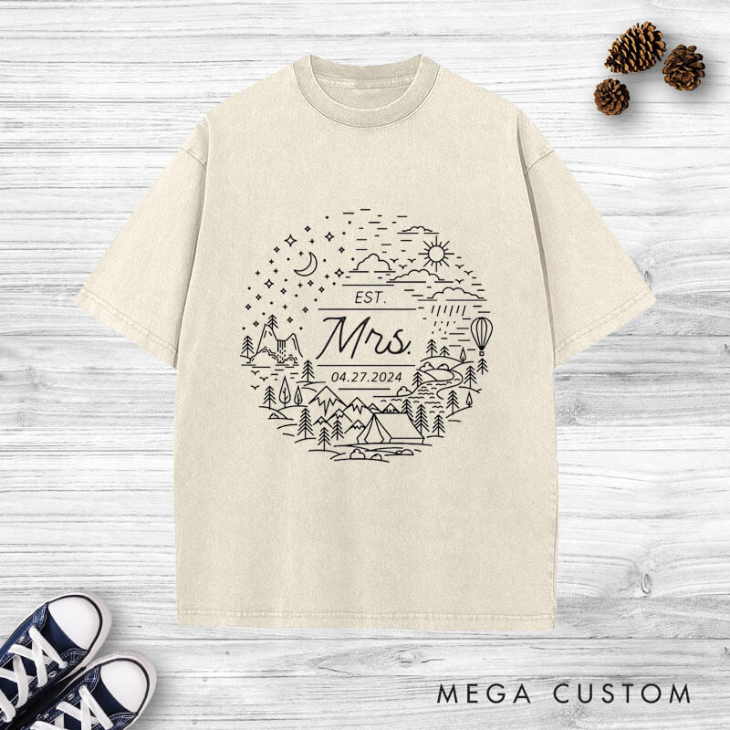 Personalized Charming Mr and Mrs Scenic Adventure Line Art Wedding Couple Washed T-Shirt