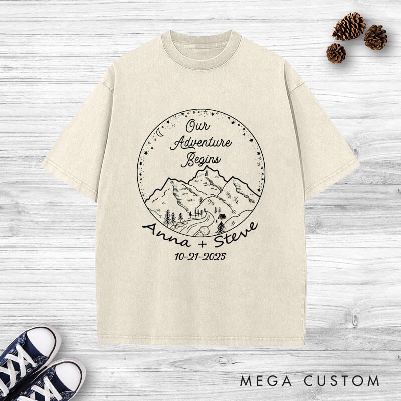 Personalized Rustic Mountain Our Adventure Begins Newlyweds Wedding Couple Washed T-Shirt