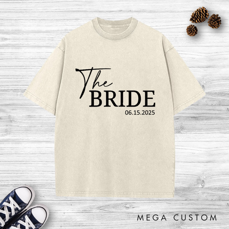 Personalized Minimalist The Bride and The Groom with Date Matching Wedding Couple Washed T-Shirt