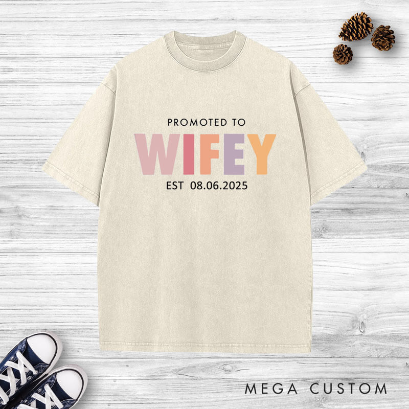 Personalized Playful Promoted to Hubby and Wifey Matching Wedding Couple Washed T-Shirt
