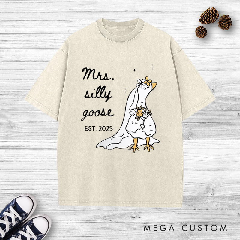 Personalized Funny Mr and Mrs Silly Goose Matching Wedding Couple Washed T-Shirt