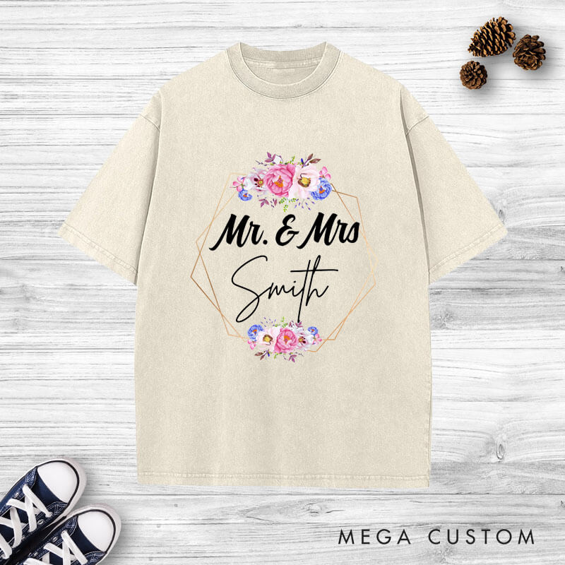 Personalized Geometric Frame with Watercolor Floral Mr and Mrs Wedding Couple Washed T-Shirt