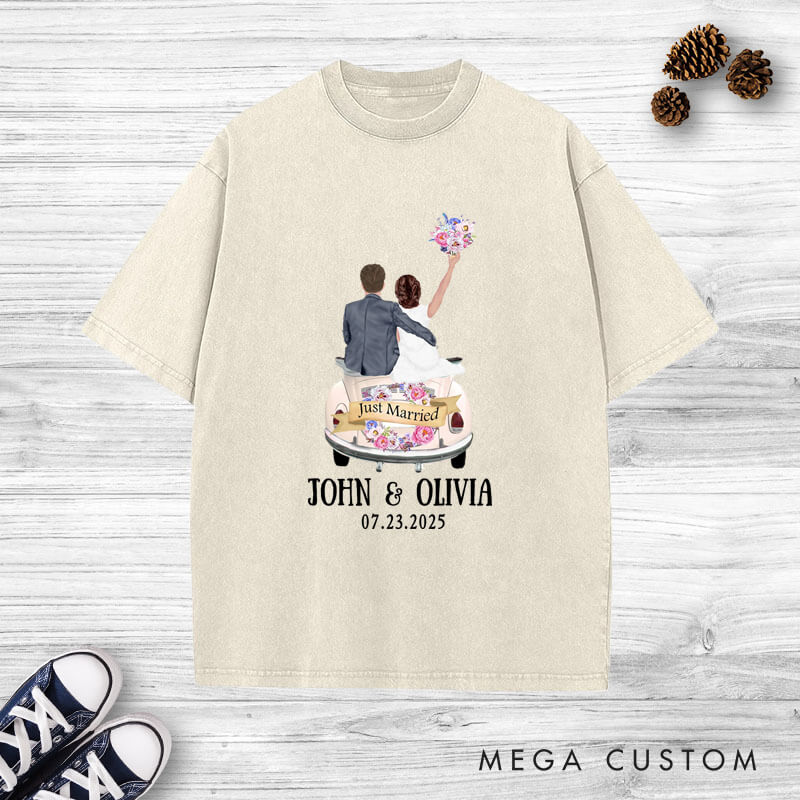 Personalized Romantic Just Married Getaway Car Wedding Couple Washed T-Shirt
