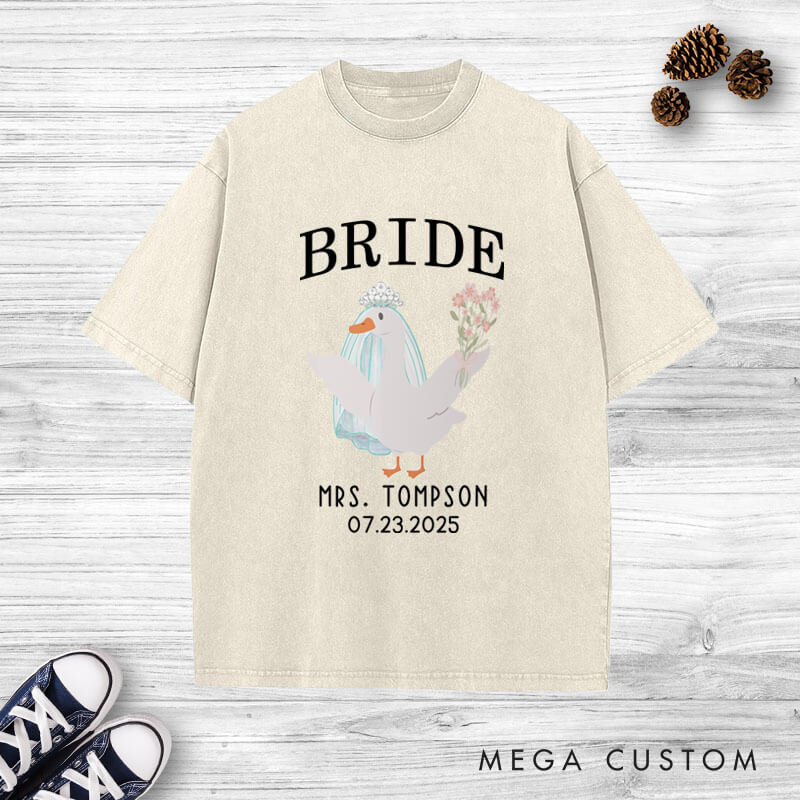 Personalized Whimsical Bride and Groom Silly Goose Matching Wedding Couple Washed T-Shirt