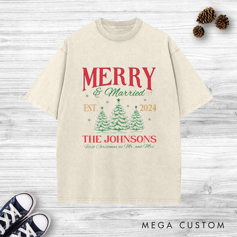 Personalized Joyful Merry and Married the First Christmas as Mr and Mrs Washed T-Shirt