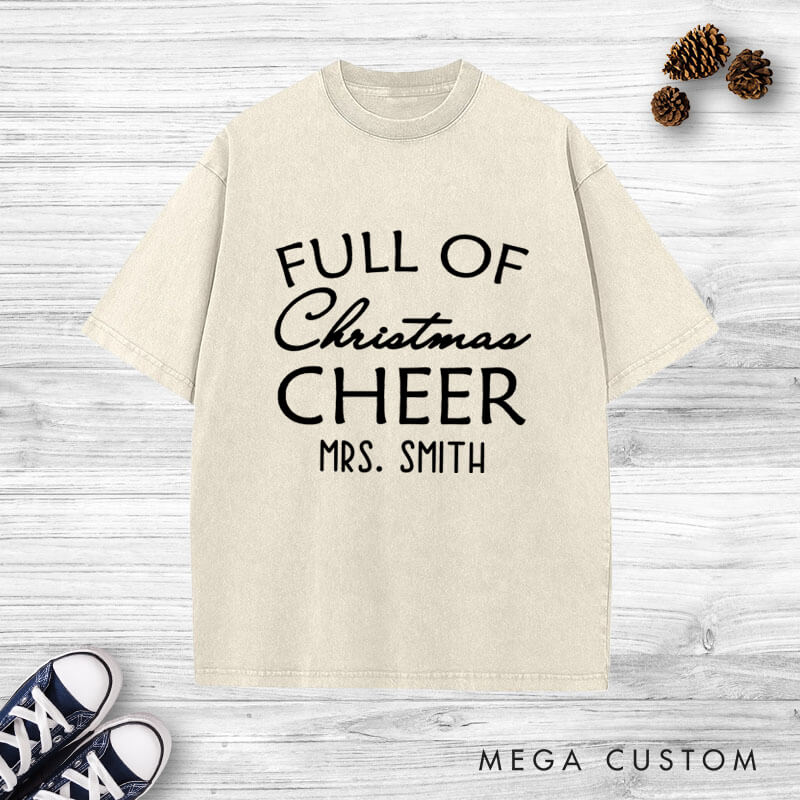 Personalized Humorous Full of Christmas Cheer and Beer Matching Couple Washed T-Shirt