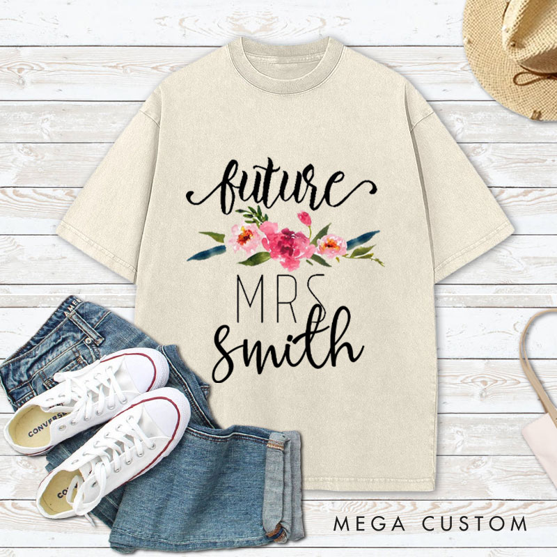 Personalized Watercolor Floral Future Mrs Fiancee Engagement Fiancée Washed T-Shirt