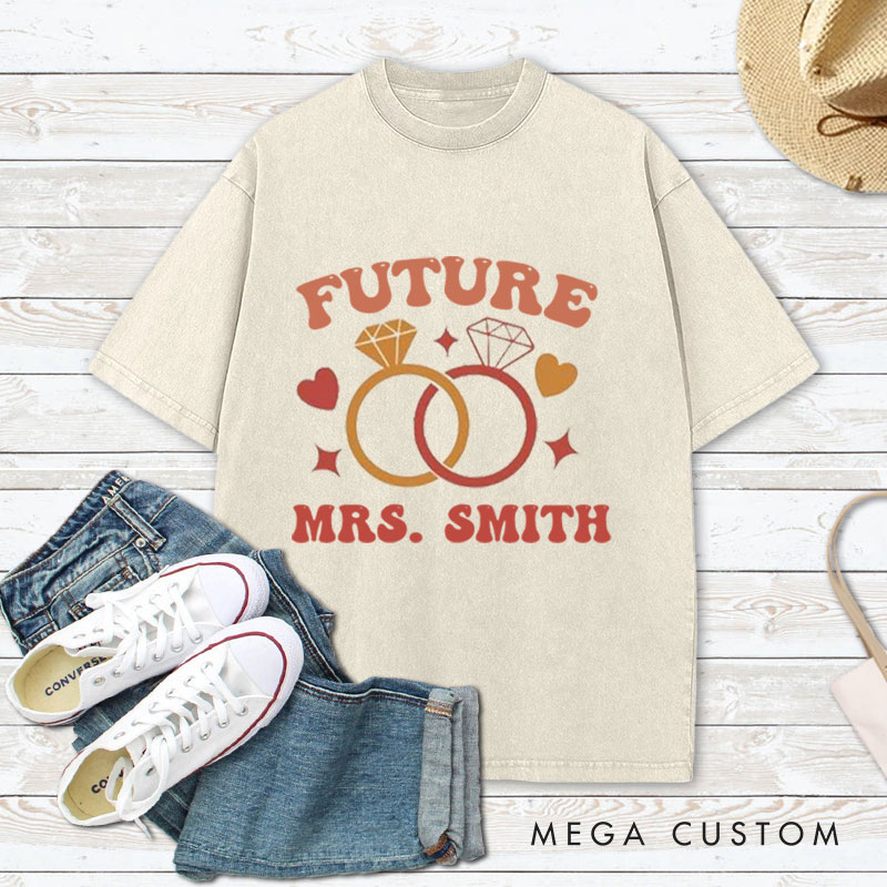 Personalized Playful Future Mrs with Intertwined Rings Fiancee Engagement Fiancée Washed T-Shirt