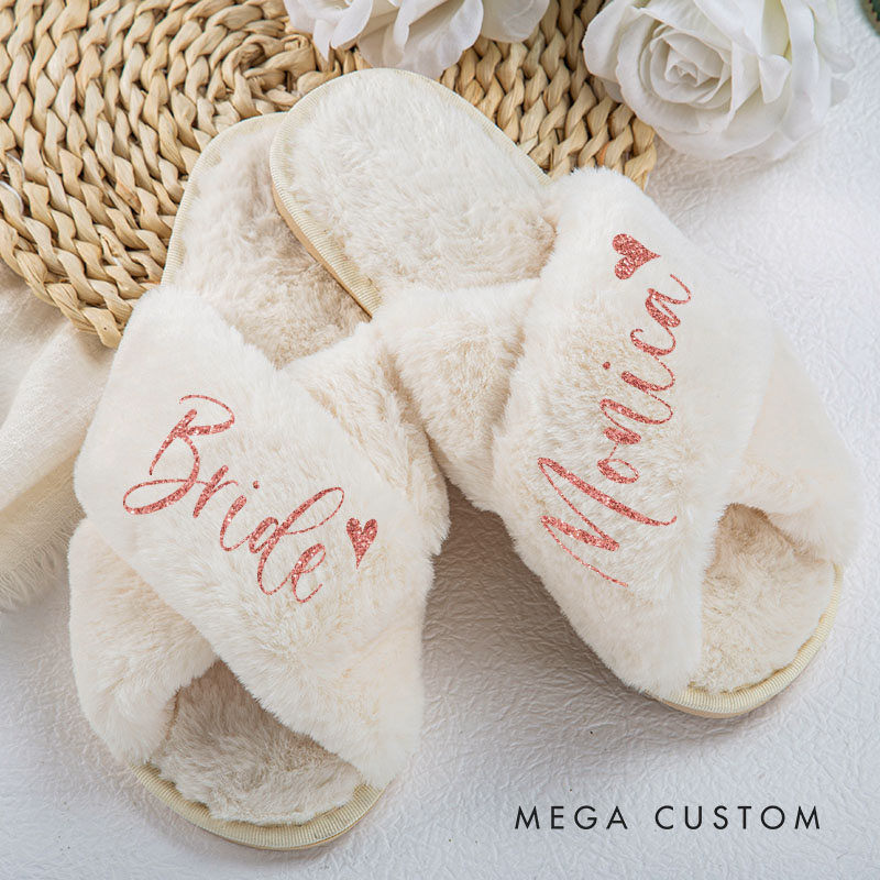 Personalized Bridesmaid Fluffy Slippers Custom Bride Name and Heart Slipper Maid of Honor Slippers Bridal Shower Gift Bachelorette Party Gift for Her