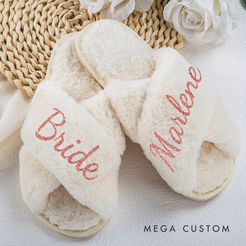 Personalized Luxurious Bridesmaid Fluffy Slippers Custom Bride Name Slipper Maid of Honor Slippers Bridal Shower Gift Bachelorette Party Gift for Her