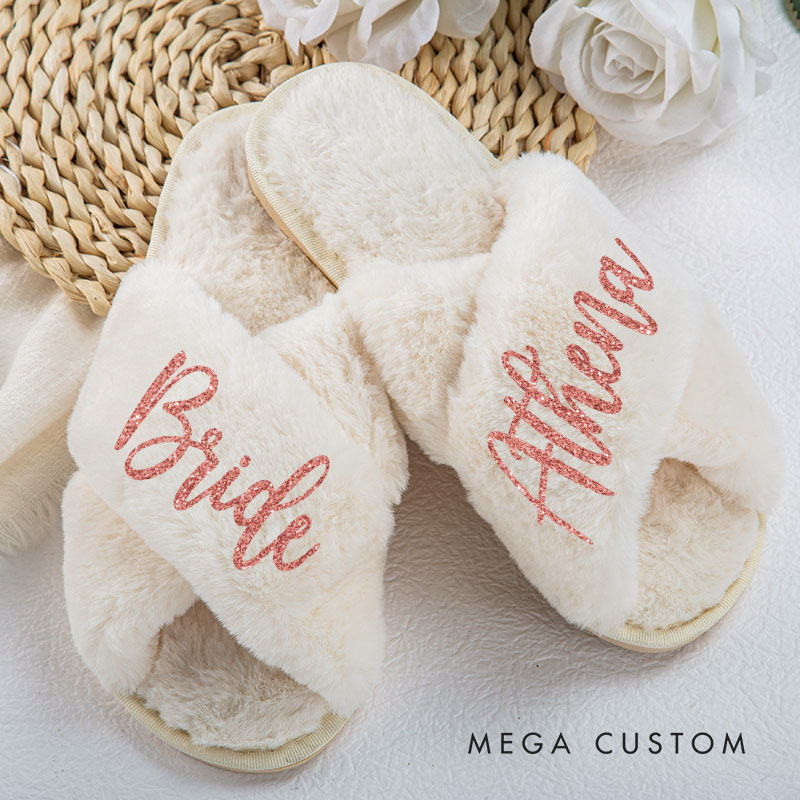 Personalized Bridesmaid Fluffy Slippers Custom Bride Name Fluffy Slipper Maid of Honor Slippers Bridal Shower Gift Bachelorette Party Gift for Her