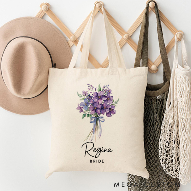 Personalized Bridesmaid Birth Flower Canvas Tote Bag Bride Month Flower Wedding Beach Tote Bag Maid of Honor Bachelorette Party Bridal Shower Gift