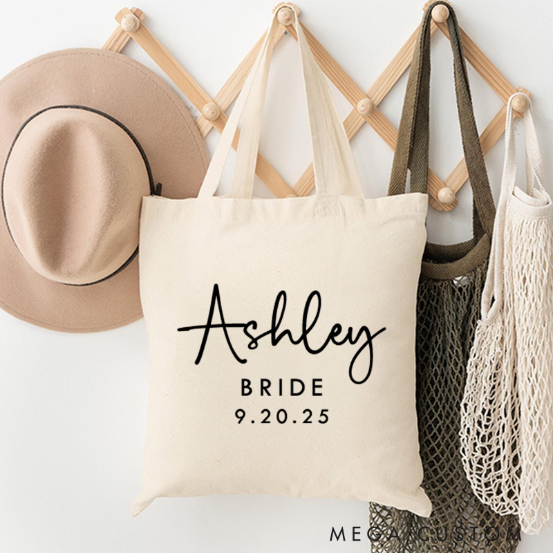 Personalized Bridesmaid Name and Title Canvas Tote Bag Custom Bride Wedding Date Beach Tote Bag Maid of Honor Bachelorette Party Bridal Shower Gift