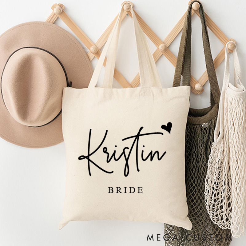 Personalized Bridesmaid Name with Heart Canvas Tote Bag Custom Bride Title Wedding Beach Tote Bag Maid of Honor Bachelorette Party Bridal Shower Gift