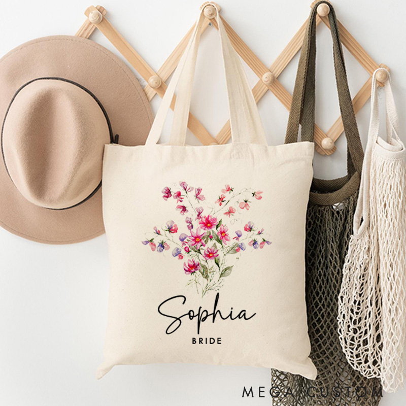 Personalized Bridesmaid Colorful Birth Flower Canvas Tote Bag Bride Month Flower Wedding Beach Bag Maid of Honor Bachelorette Party Bridal Shower Gift