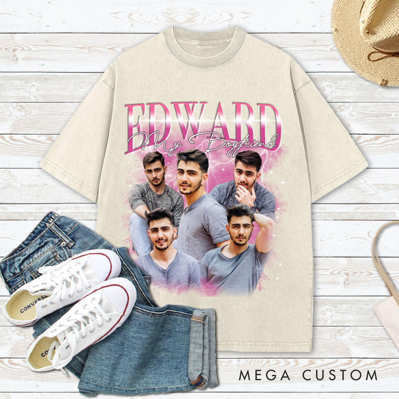 Personalized Girlfriend Bootleg Style Washed T-Shirt Custom Text Boyfriend Photo Tee Couple Face Rap Style Shirt Valentine's Day Gift for Wife Husband